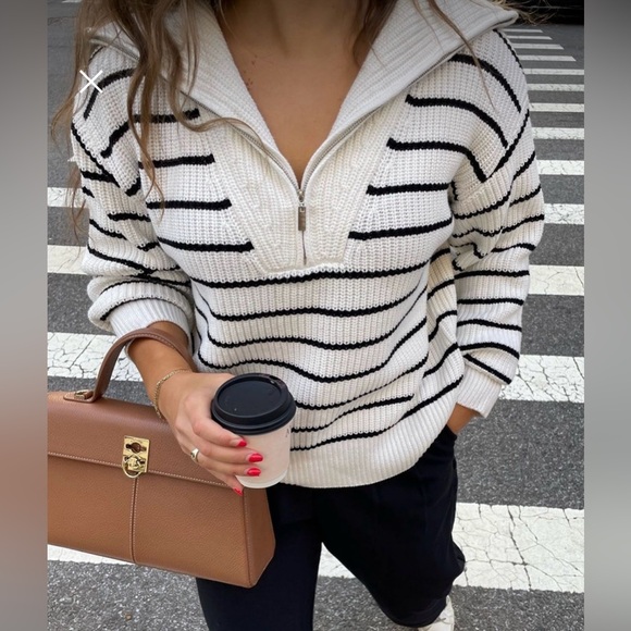 Z Supply Sweaters - Z Supply V-Neck Half Zip Sweater in Black and Cream with Nautical Stripes